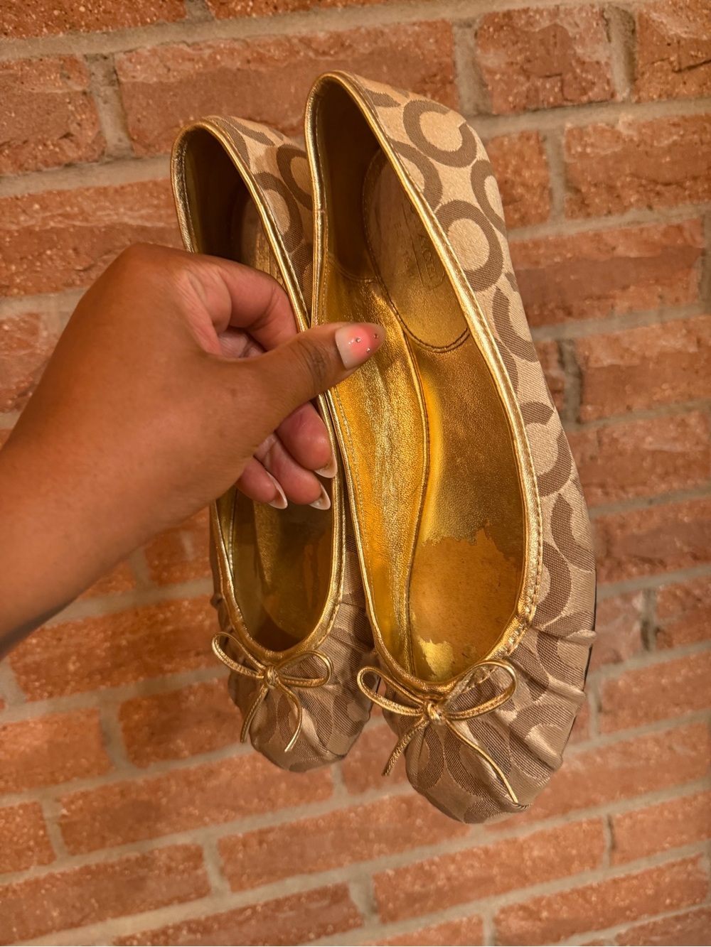Coach Tan Signature Canvas Ballet Flats with Gold Trim